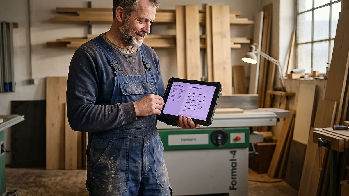 Tischler in moderner Werkstatt nutzt Tablet mit KI-Assistent für Aufmaß und Materialplanung